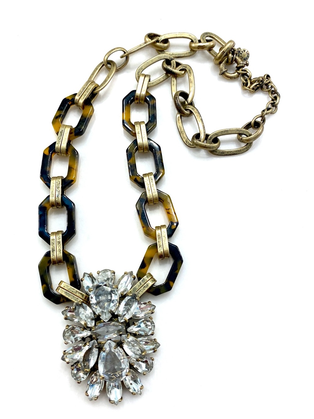 J. Crew Tortoiseshell-Link Necklace with Clear Crystal Pendant